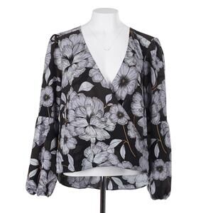 Bar III Blouse XL Black Blue Floral Print Surplice V-Neck Long Sleeve High-Low